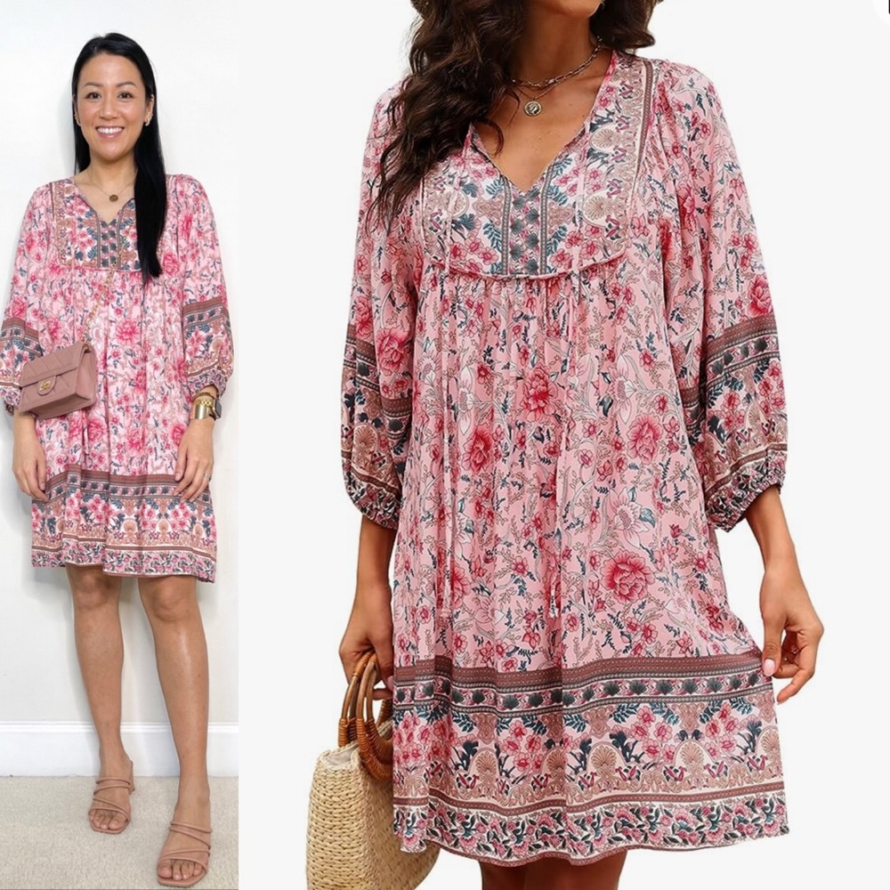 Qearal V Neck 3/4 Sleeve Boho Floral Printed Loose Short Mini Summer Beach Dress
